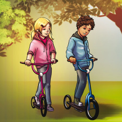 dibujo de niños con patinetes y plantillas dentro del zapato